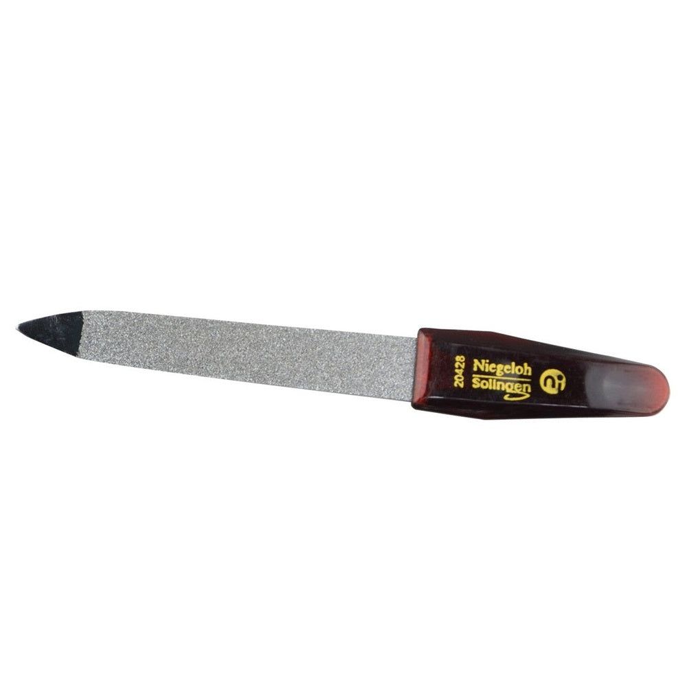Nagelfeile mit braunem Griff. Auf dem Griff steht "Niegeloh Solingen". Die Feile hat eine raue Oberfläche und eine schwarze Spitze.