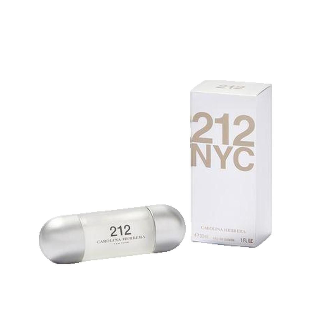 Parfümflasche und -verpackung. Zylindrische Flasche mit silbernen Enden. Weiße Schachtel mit Aufschrift 212 NYC.