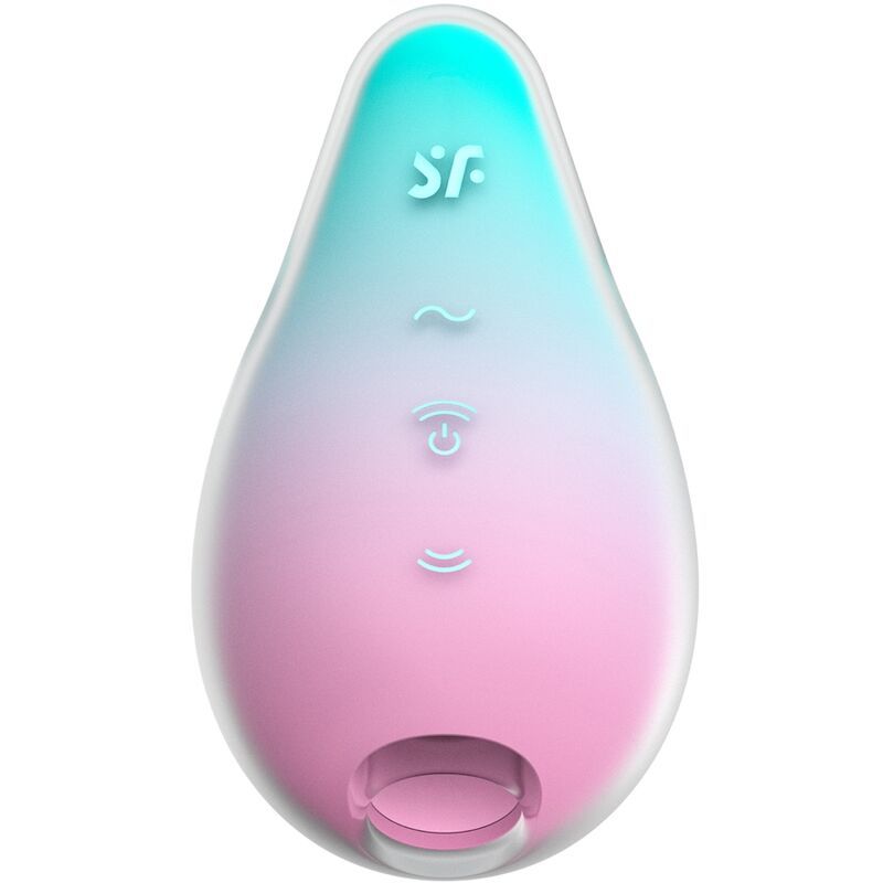 Stimulator in Tropfenform, Farbverlauf von Pink zu Türkis. Mit Symbolen und Logo.