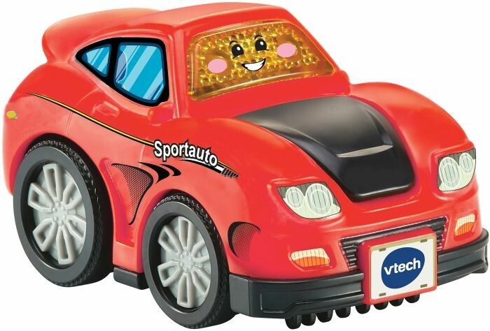 Rotes Spielzeugauto mit schwarzen Rädern und Front. Aufschrift "Sportauto". VTech Logo auf dem Nummernschild. Gelbe Windschutzscheibe mit Gesicht.
