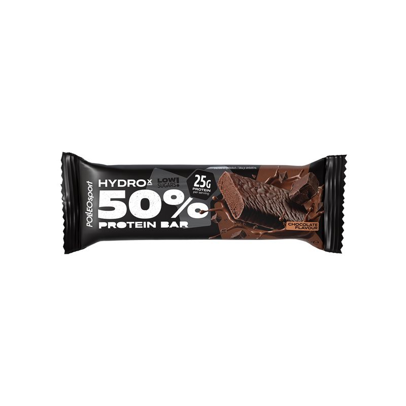 Proteinriegel in schwarzer Verpackung. Aufdruck: Hydrox 50% Protein Bar, 25g Protein, Schokoladengeschmack. Marke: PolleoSport.