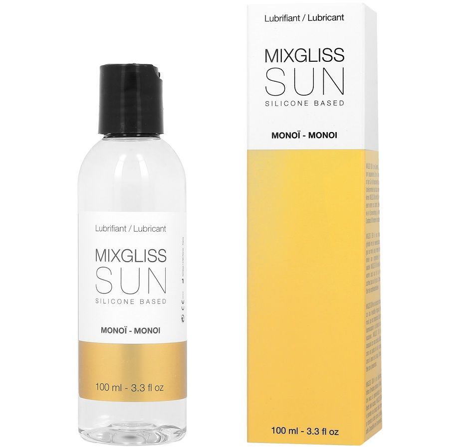 Mixgliss Sun Gleitgel auf Silikonbasis, Monoi Duft, 100 ml Flasche und Verpackung.