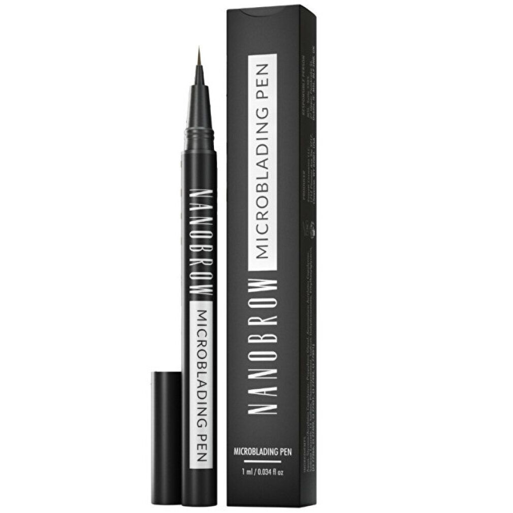Nanobrow Microblading Pen Dunkelbraun, seitliche Ansicht des Stiftes und der Verpackung.