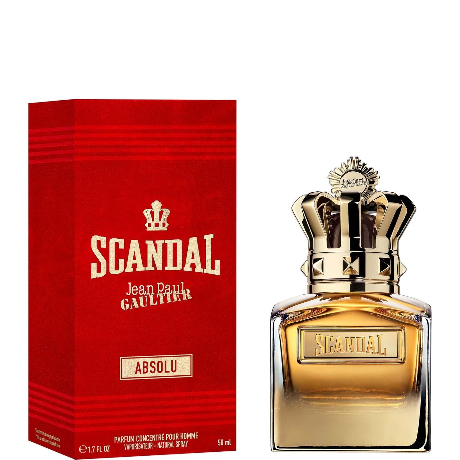 Parfumflakon mit goldener Krone und roter Schachtel. Aufschrift: Scandal Absolu. 50 ml.