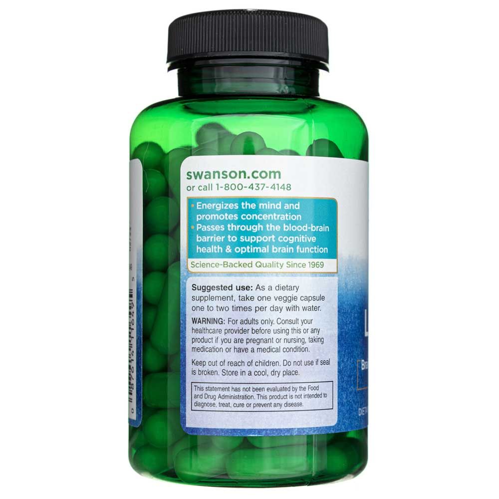 Rückseite einer Flasche Swanson Acetyl L-Carnitin mit Anwendungshinweisen und Qualitätsversprechen.