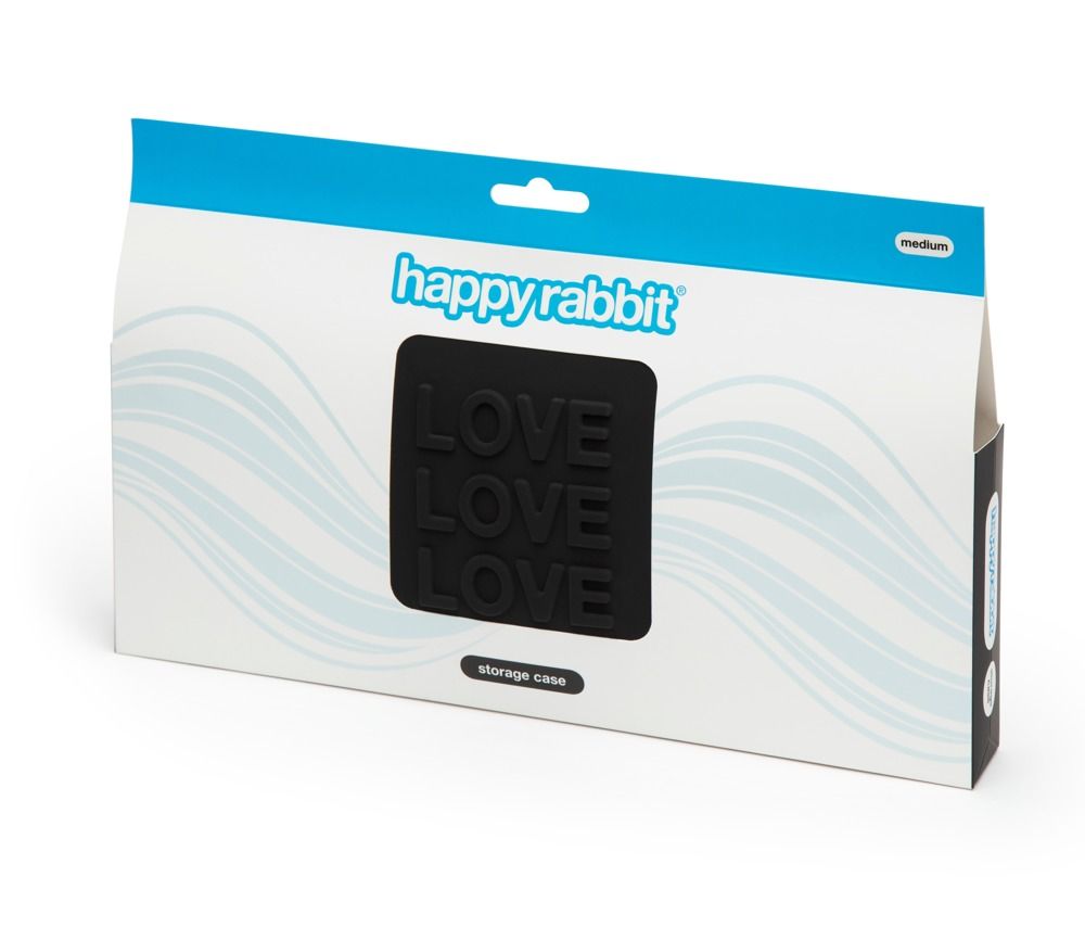 Verpackung mit Sichtfenster. Schwarze Tasche mit "LOVE"-Schriftzug. Marke: happyrabbit. Aufschrift: storage case.