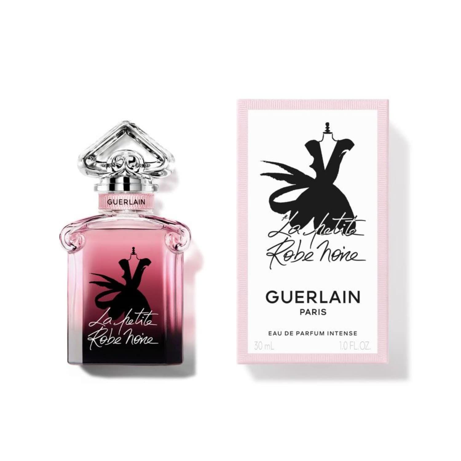 Flakon und Verpackung. Flakon mit rosa Flüssigkeit. Schwarze Zeichnung eines Kleides. Schriftzug: La petite Robe noire. Guerlain.
