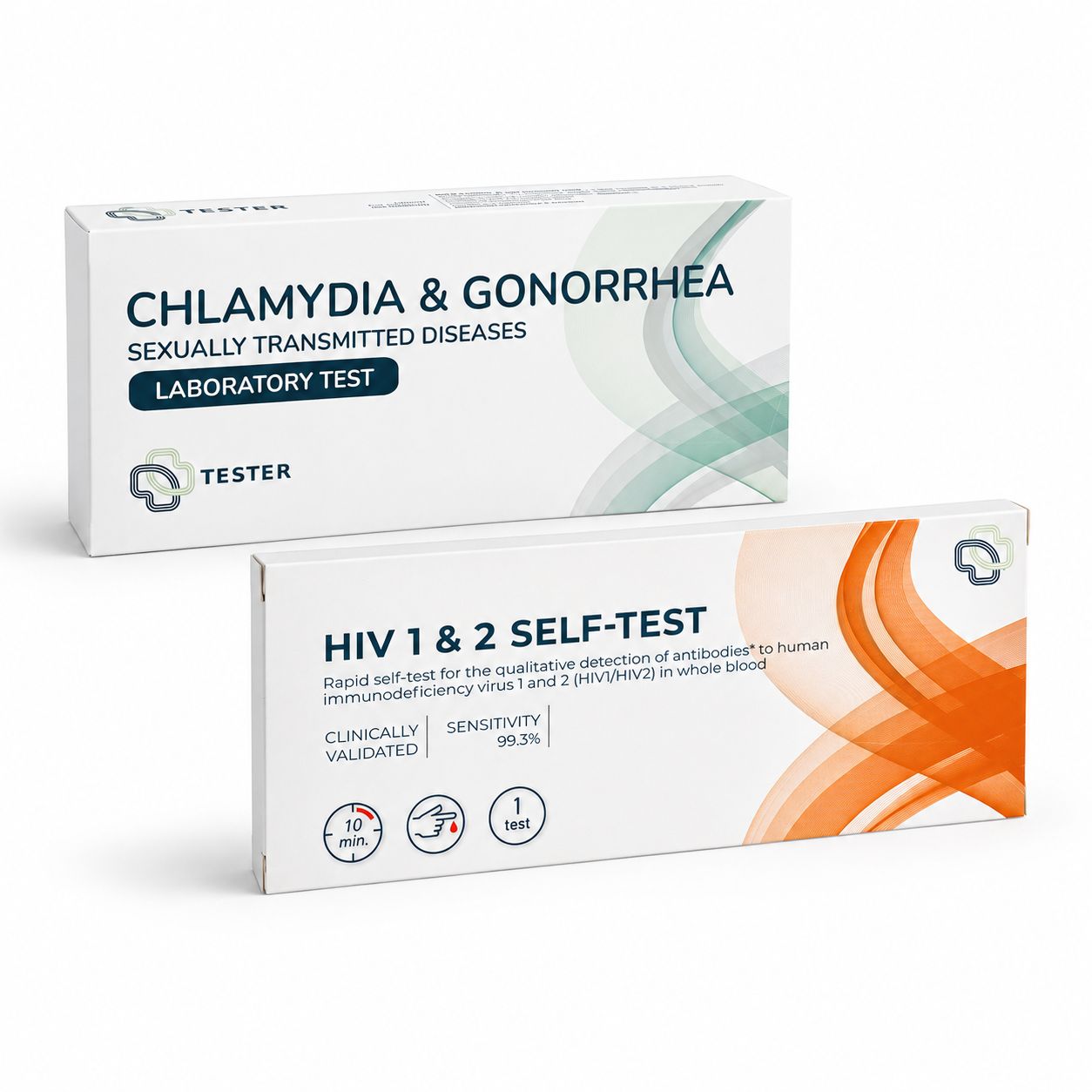 Zwei Testkits für sexuell übertragbare Krankheiten: Chlamydien & Gonorrhoe Labortest und HIV 1 & 2 Selbst-Test.