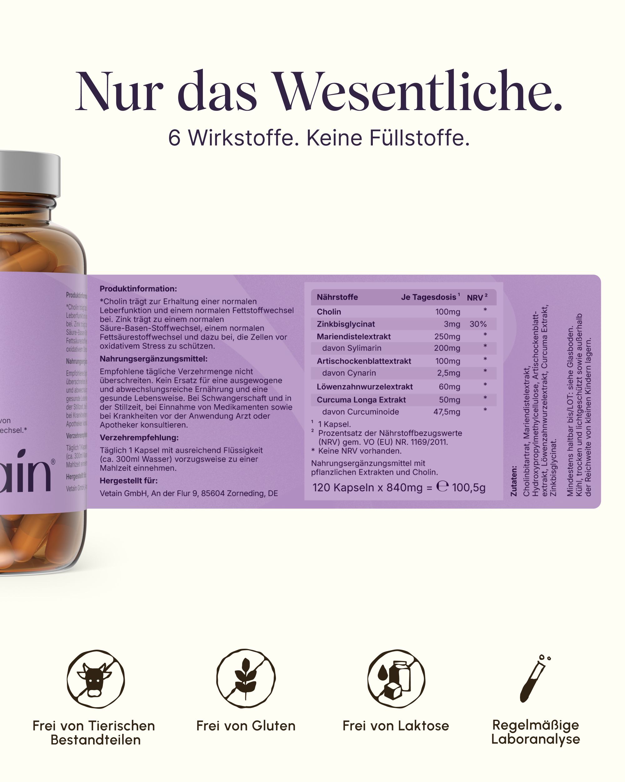 VETAIN Leber Komplex: 6 Wirkstoffe, keine Füllstoffe. Liste der Inhaltsstoffe und Nährwertangaben pro Tagesdosis.