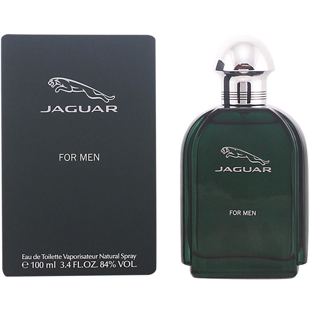 Grüne Flasche und Schachtel. Aufschrift "JAGUAR FOR MEN". Logo: springender Jaguar. Verpackung mit Produktinformationen.