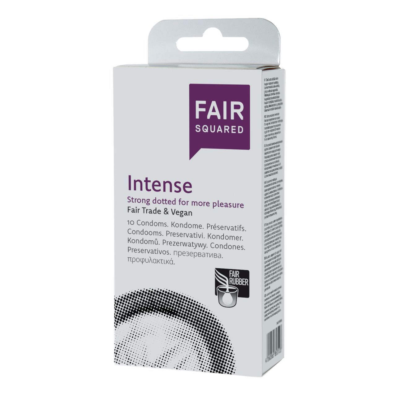 Packung Fair Squared Intense Kondome, 10 Stück. Stark genoppt für mehr Vergnügen. Fair Trade & Vegan.