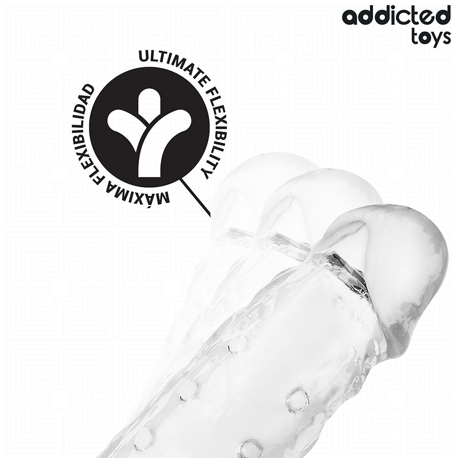Transparente Penisverlängerung mit Noppen, im Fokus, mit Logo 'addicted toys'.