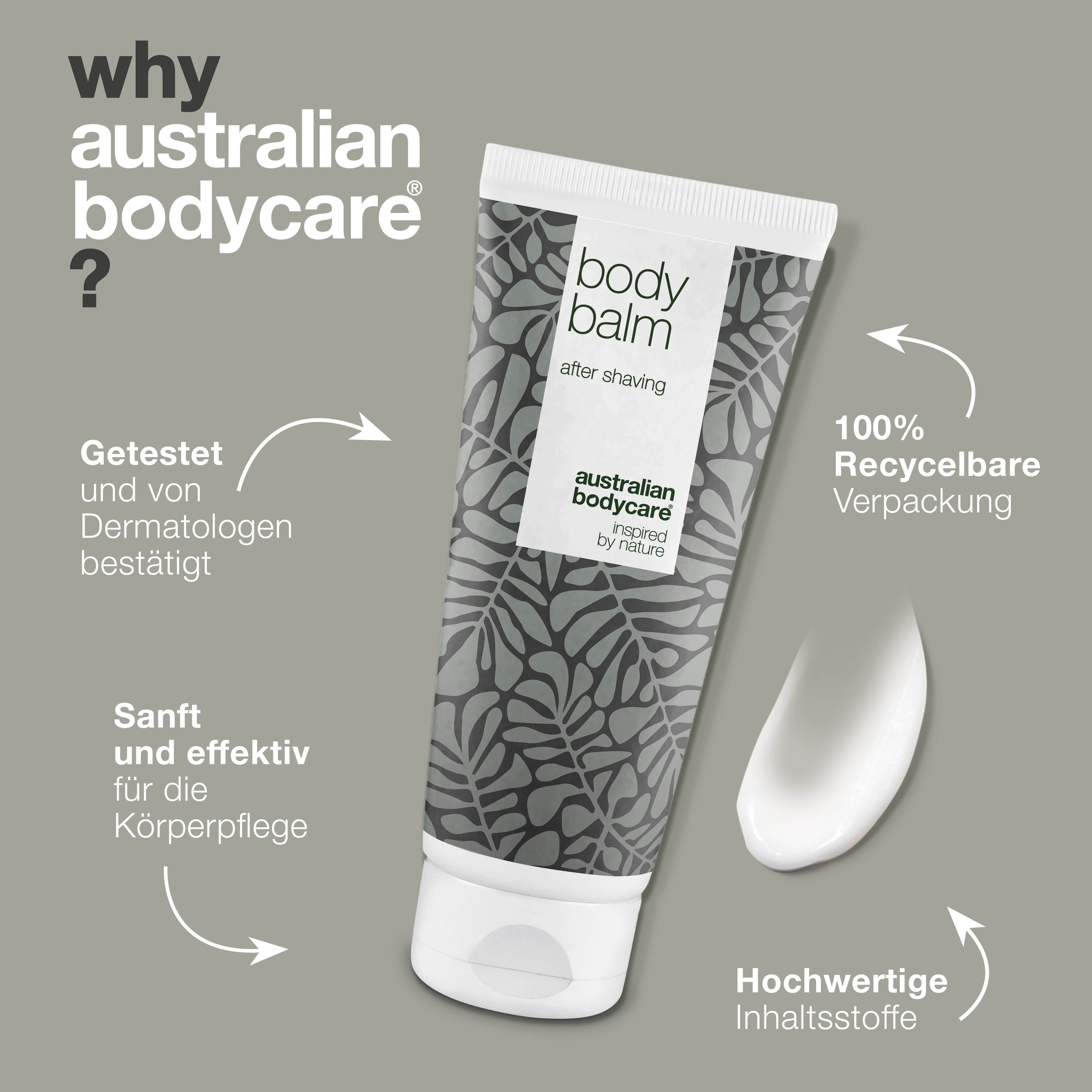 Tube After Shave Balsam mit Text. Aufschrift: Body Balm, After Shaving, Australian Bodycare, inspiriert von Natur.