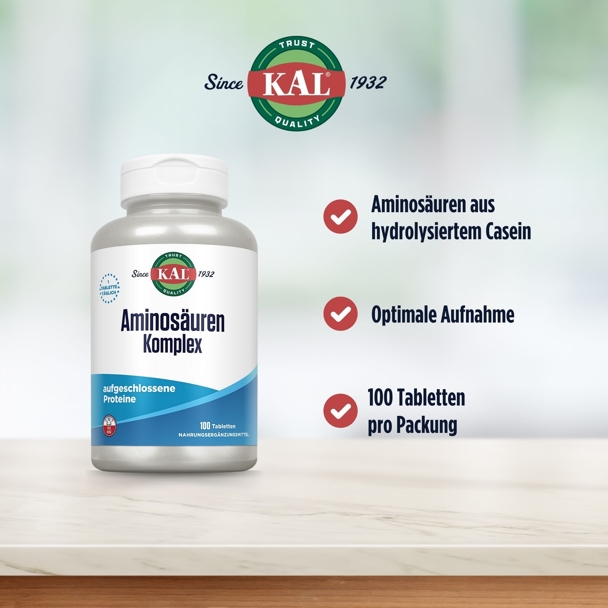 Weiße Flasche KAL Aminosäuren Komplex. Text: Aminosäuren aus hydrolysiertem Casein, optimale Aufnahme, 100 Tabletten.