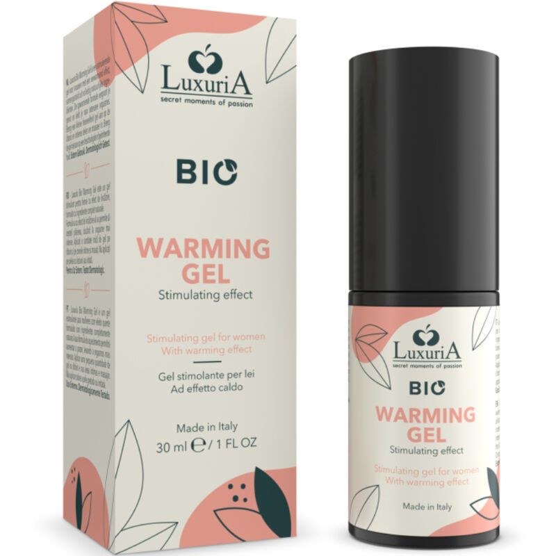 Zwei Produkte: eine zylindrische Flasche und eine rechteckige Verpackung. Aufschrift: BIO Warming Gel, Stimulating effect. Marke: LuxuriA.