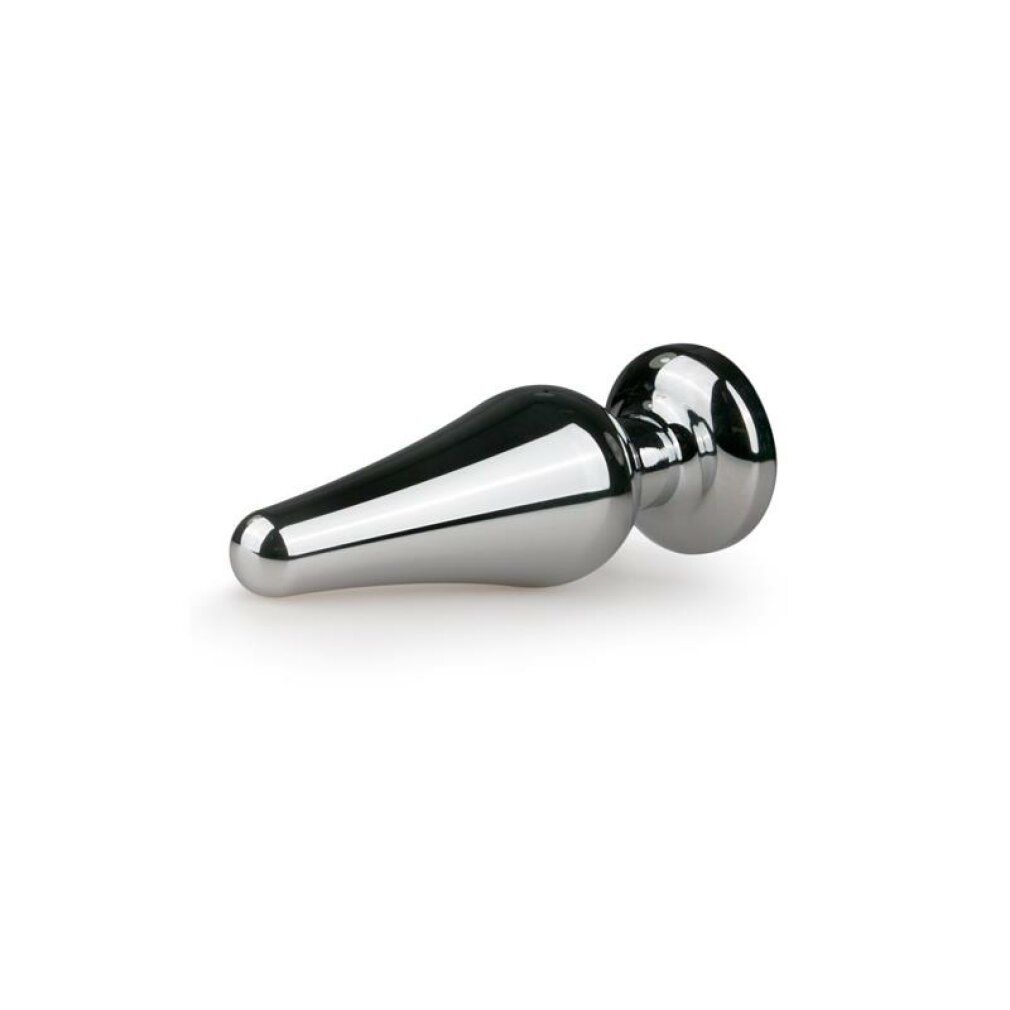 Kegelförmiger Analplug aus Metall. Silberfarbenes Design mit glänzender Oberfläche.