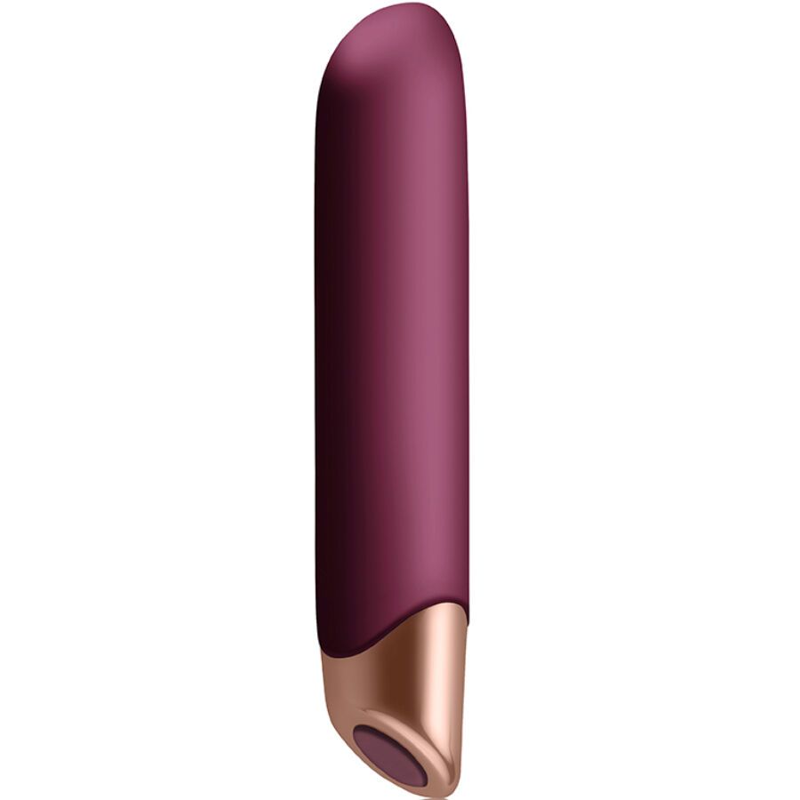 Vibrator in Burgunderrot mit goldfarbenem Akzent. Zylindrische Form mit abgerundeter Spitze.