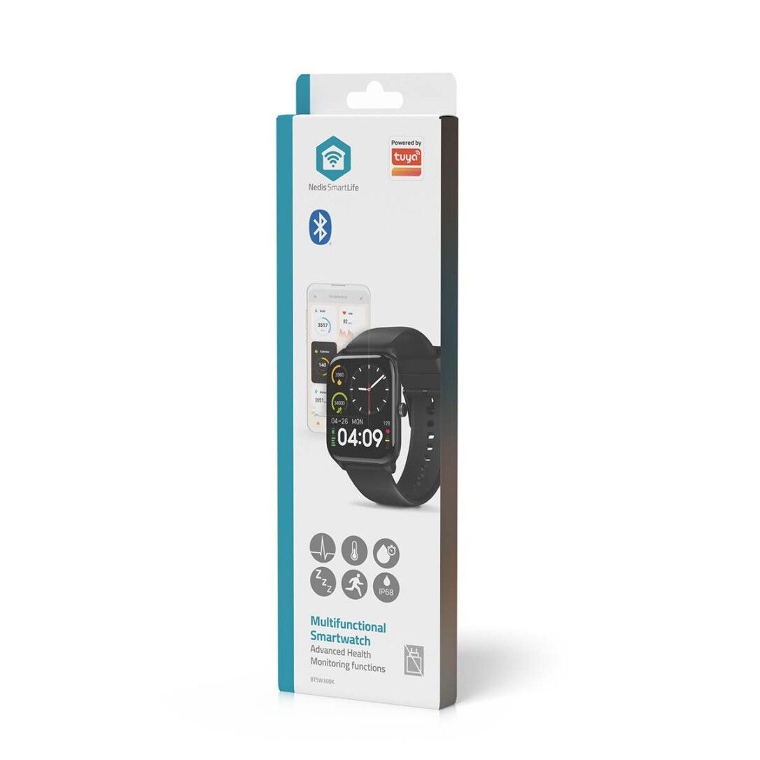 Verpackung der Smartwatch. Aufdruck: Smartwatch, Bluetooth, Funktionen, Nedis SmartLife-Logo. Abbildung der Uhr und App-Anzeige.