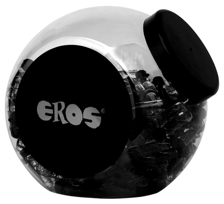 Kugelförmiger Behälter mit schwarzem Deckel. Großes schwarzes Etikett mit weißem "EROS"-Schriftzug. Enthält kleine, dunkle Ampullen.