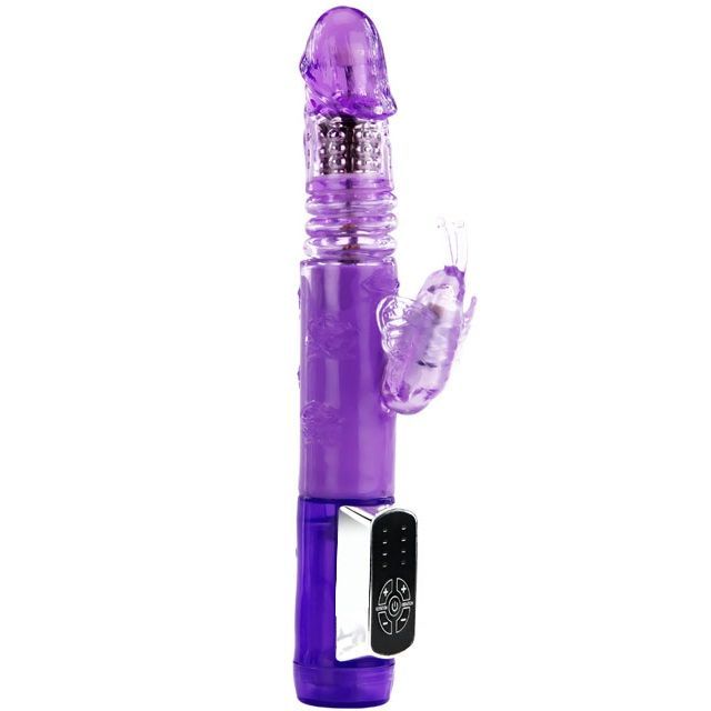 Lila Vibrator mit Schmetterling-Aufsatz und Steuerung. Mit geriffelter Oberfläche und Steuerung.
