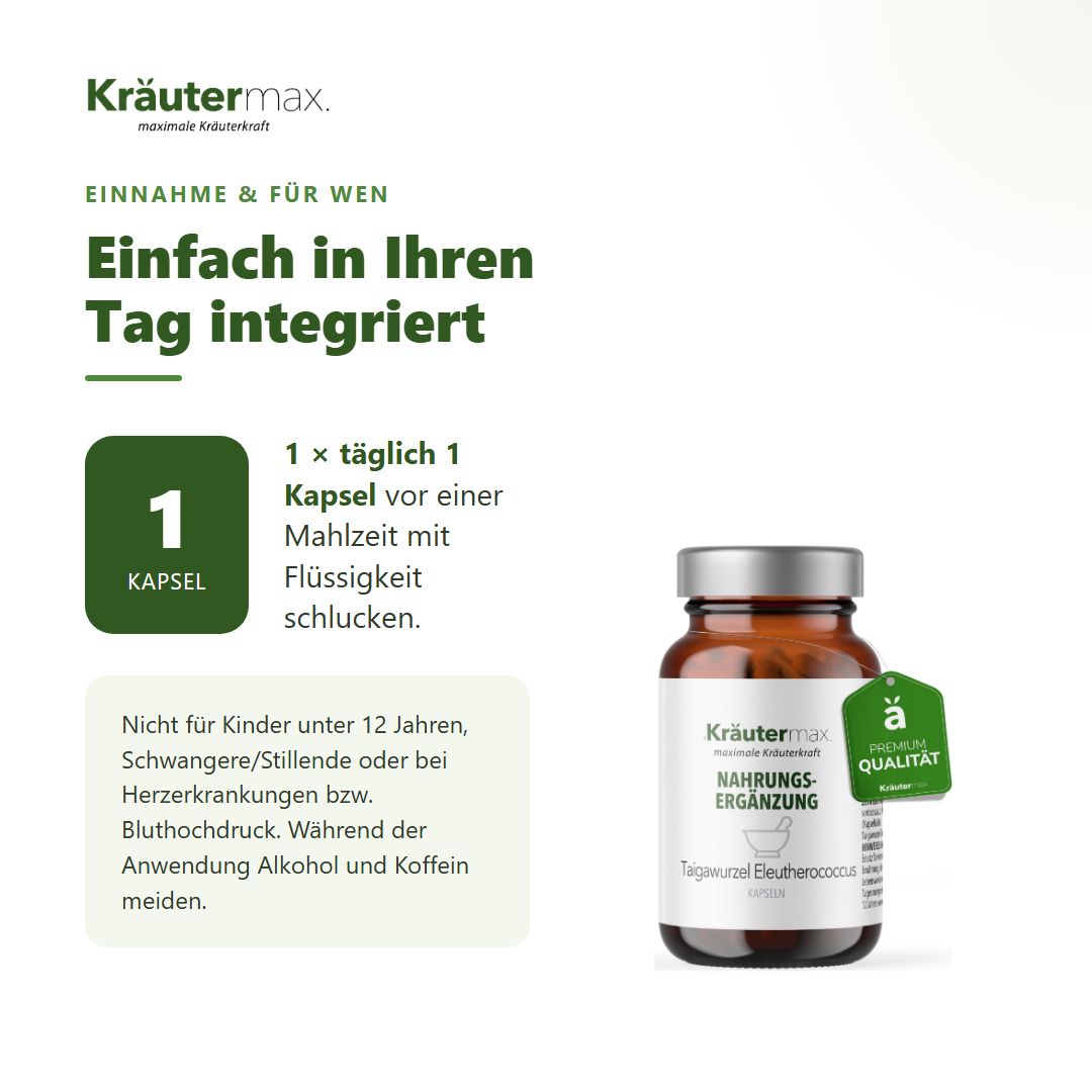 Anwendungshinweis: 1 Kapsel täglich mit Flüssigkeit schlucken. Braune Flasche daneben.