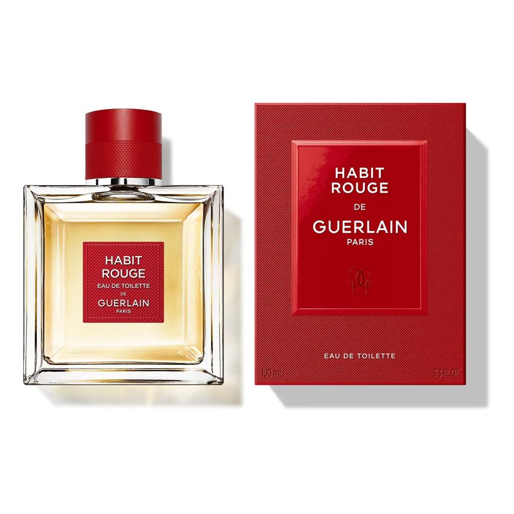 Glasflakon und rote Verpackung. Flakon: quadratisch, rot-weißes Etikett. Verpackung: rot, weißer Text: Habit Rouge de Guerlain, Eau de Toilette.