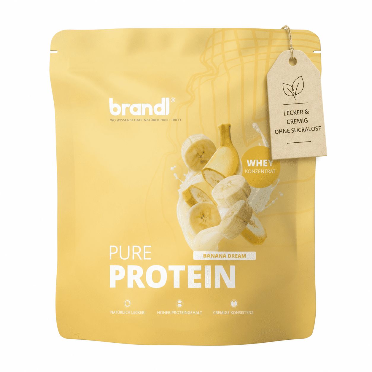Gelbe Packung brandl® Pure Protein. Text: Banana Dream, ohne Sucralose. Anhänger mit Text. Abbildung: Bananen und Milch.