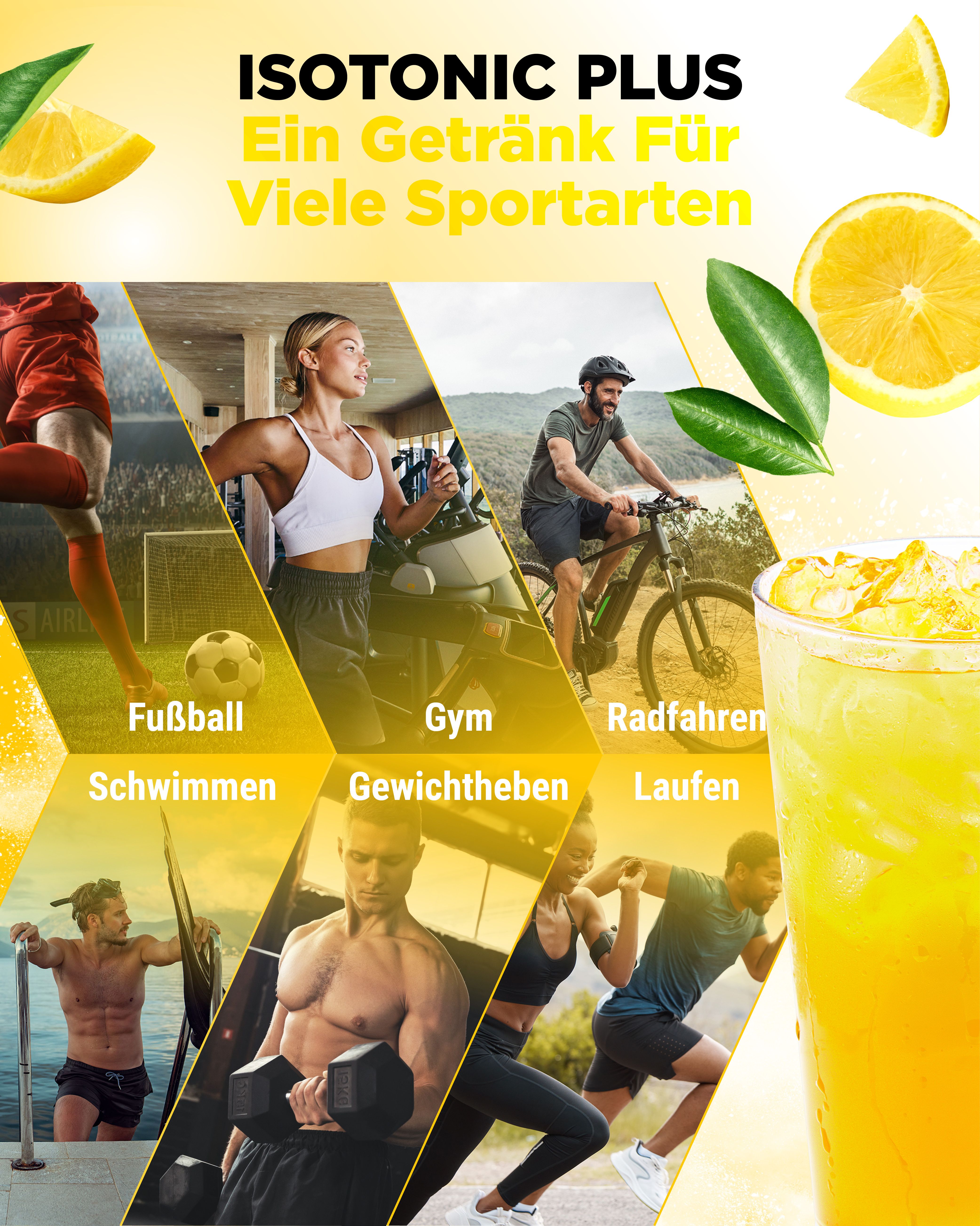 Werbebild mit Sportarten. Text: ISOTONIC PLUS, Ein Getränk für Viele Sportarten. Illustrationen von Sportlern.