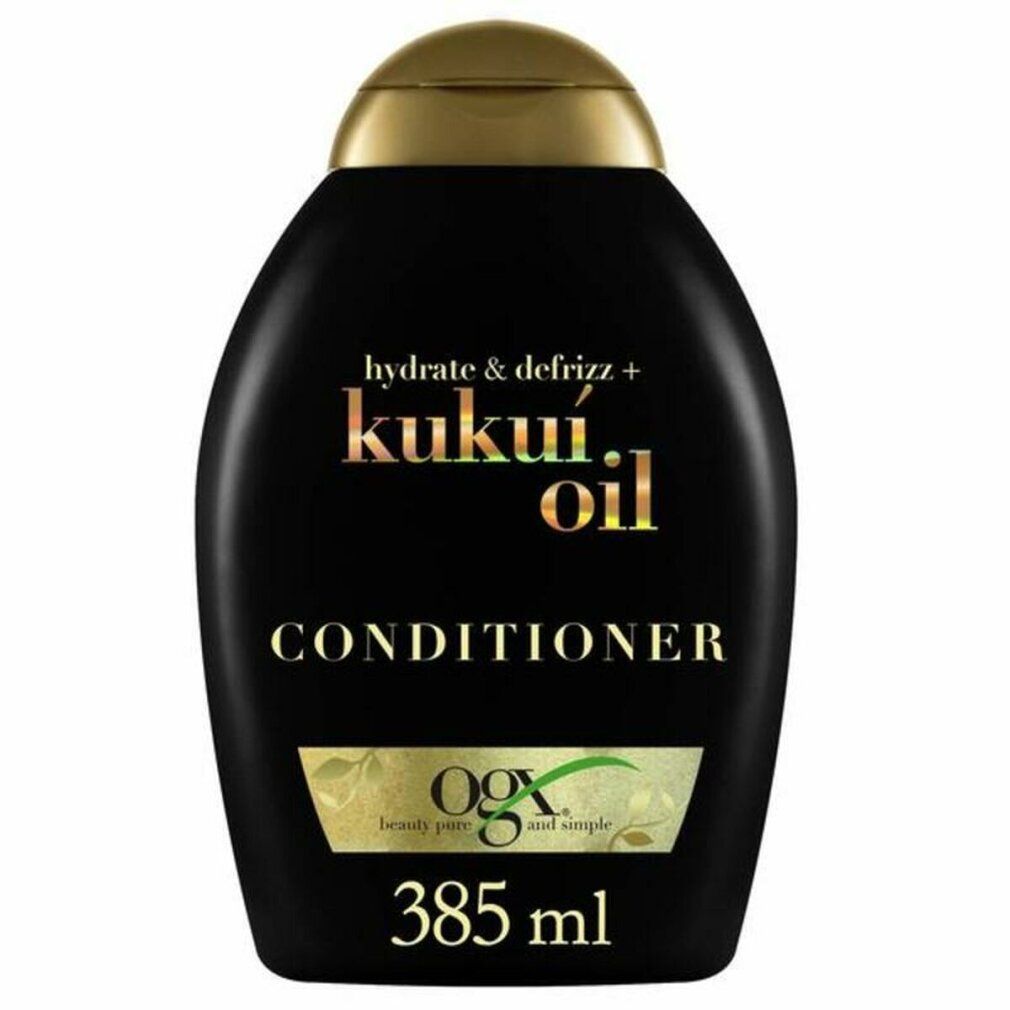 Schwarze Flasche mit goldfarbenem Deckel. Aufschrift: Kukui Oil Conditioner. Volumen: 385ml. Mit Logo.