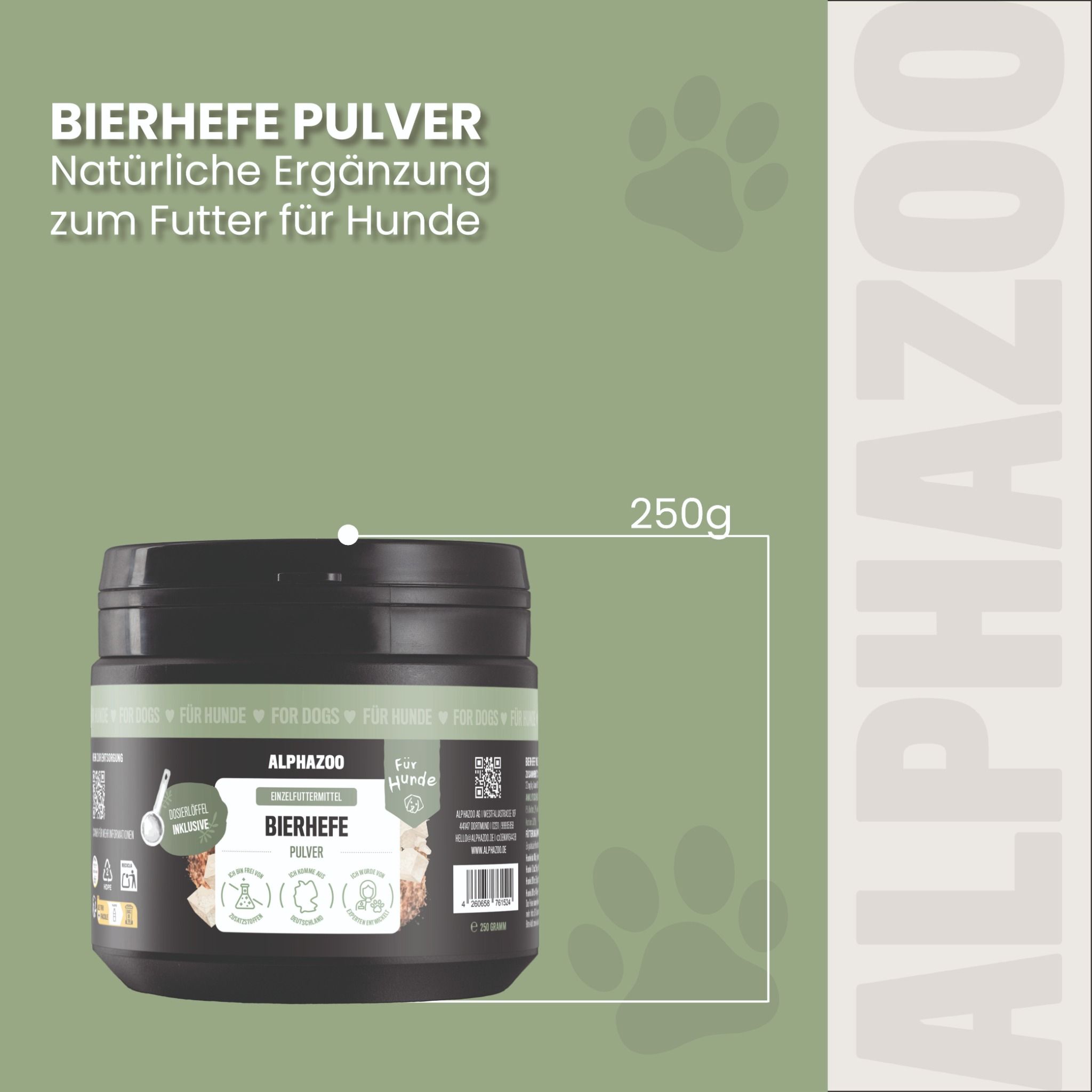 Alphazoo Bierhefe Pulver 250g Behälter für Hunde, natürliche Ergänzung zum Futter.