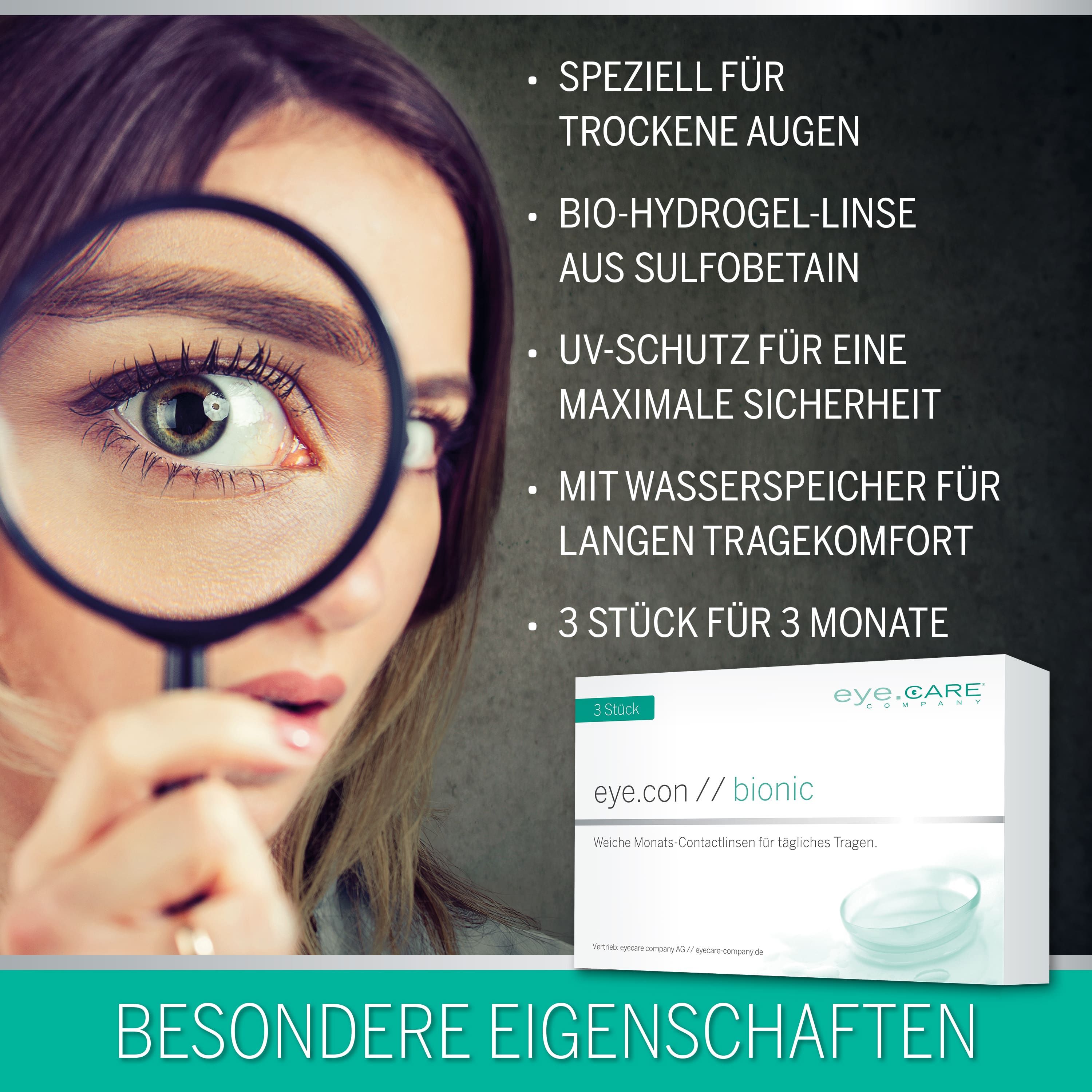 Frau mit Lupe vor dem Auge, Packung eye.con // bionic Monatslinsen.