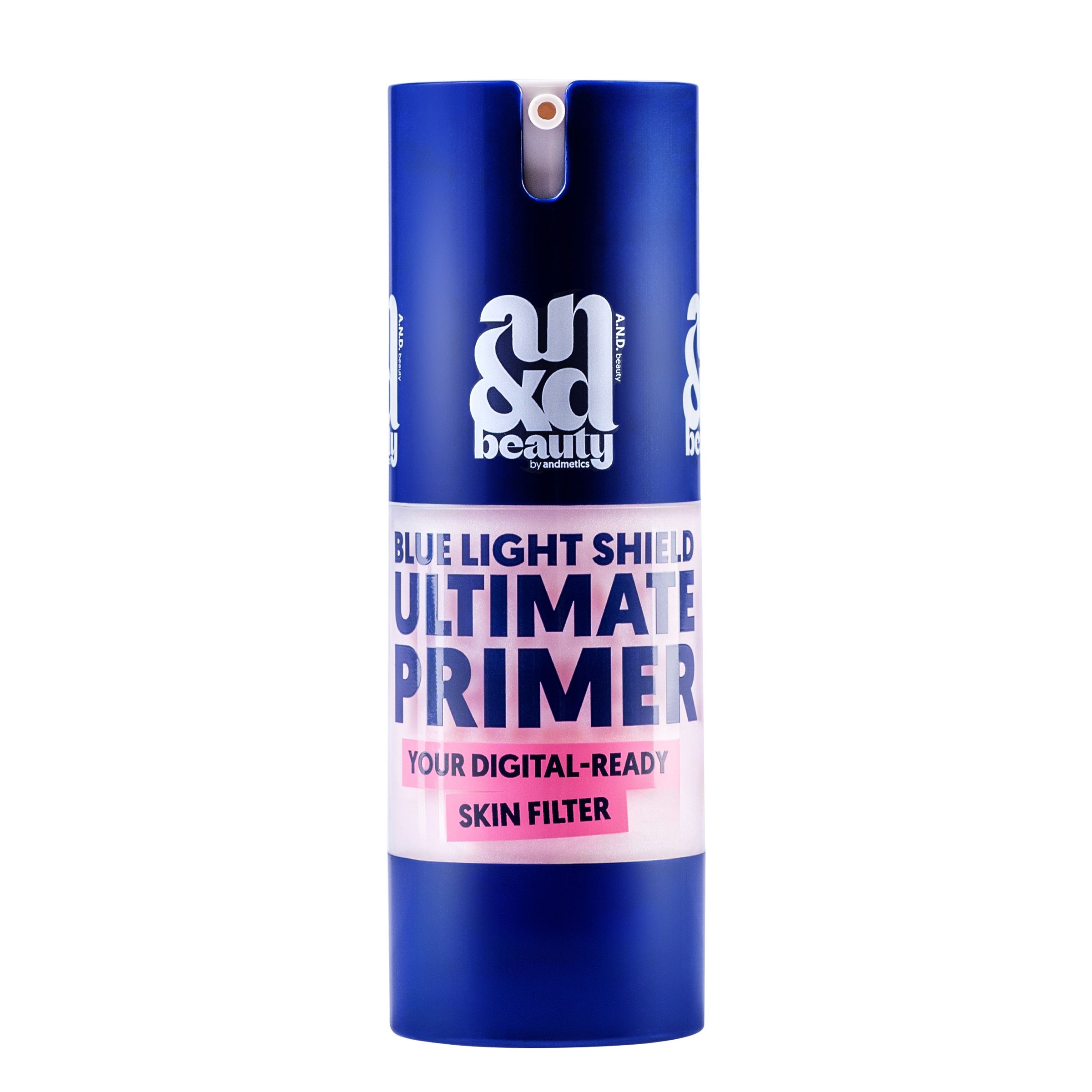 A.N.D.beauty Blue Light Shield Ultimate Primer in einem blauen Pumpspender. Enthält Text und das Markenlogo.
