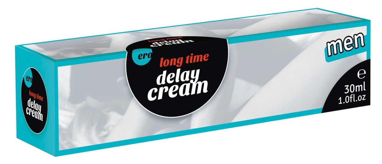 Schachtel. Text: long time delay cream, men. Logo: ero. Türkis-weiße Verpackung.
