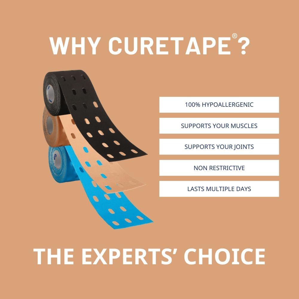 Drei Rollen Kinesiologie-Tape in Schwarz, Beige und Blau. Text: 100% hypoallergen, unterstützt Muskeln und Gelenke, nicht einschränkend, hält mehrere Tage.