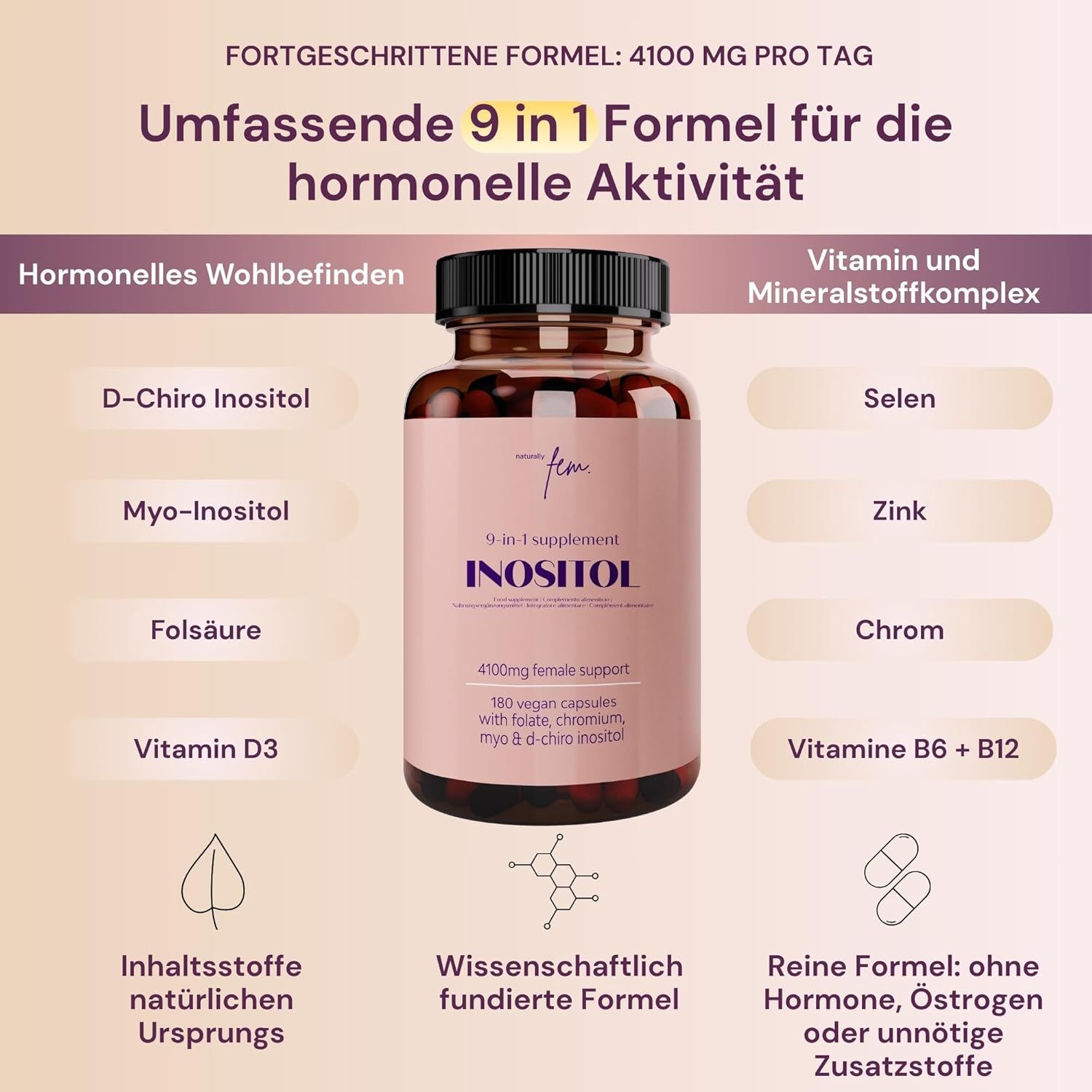 Flasche mit rosa Etikett, umgeben von Informationen über Inhaltsstoffe und Formel.