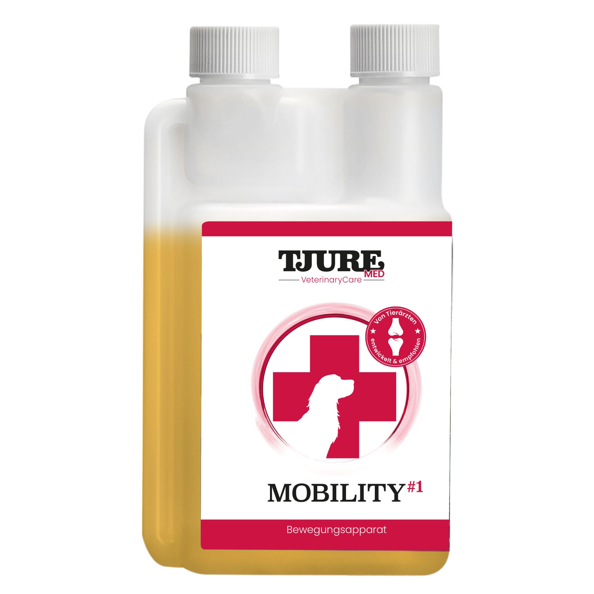 Doppelpack-Flasche mit gelber Flüssigkeit. Rotes Etikett mit Logo, Kreuz und Hund. Schriftzug: TJURE MED, MOBILITY #1.