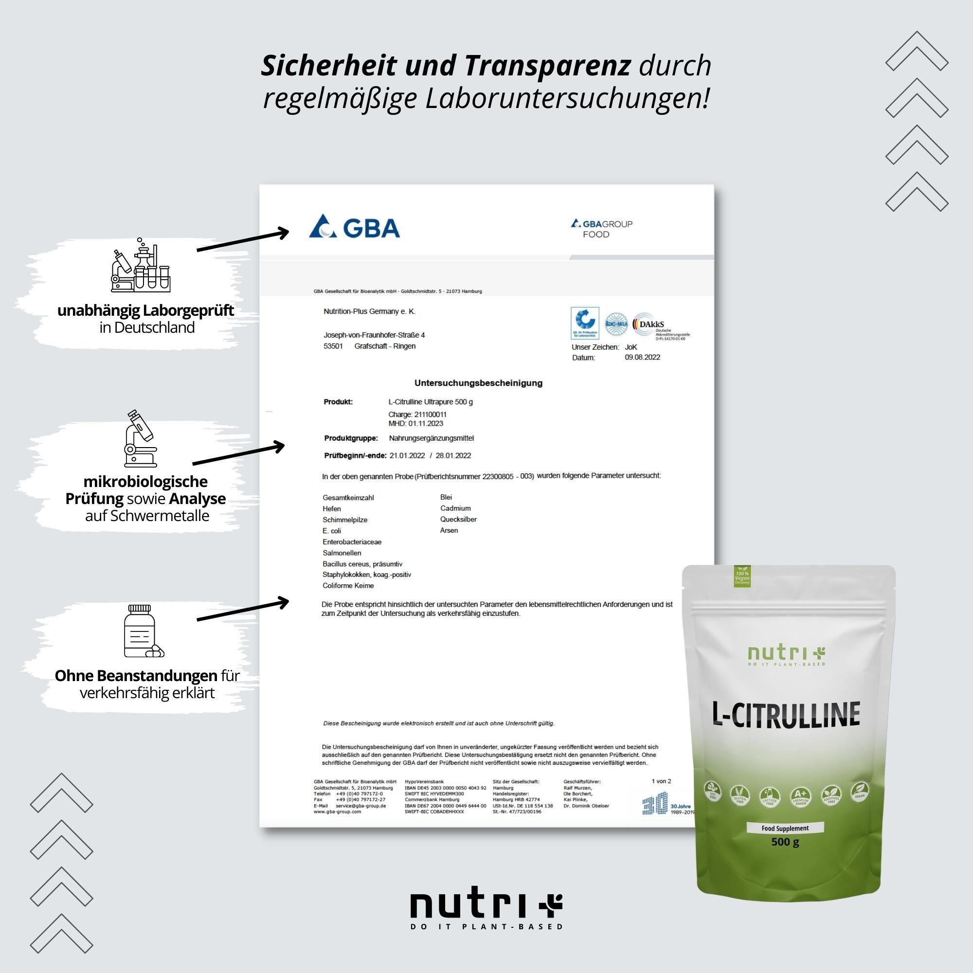 Zertifikat der GBA. Mikrobiologische Prüfung, Analyse auf Schwermetalle. Produkt: nutri+ L-Citrullin. 500 g.