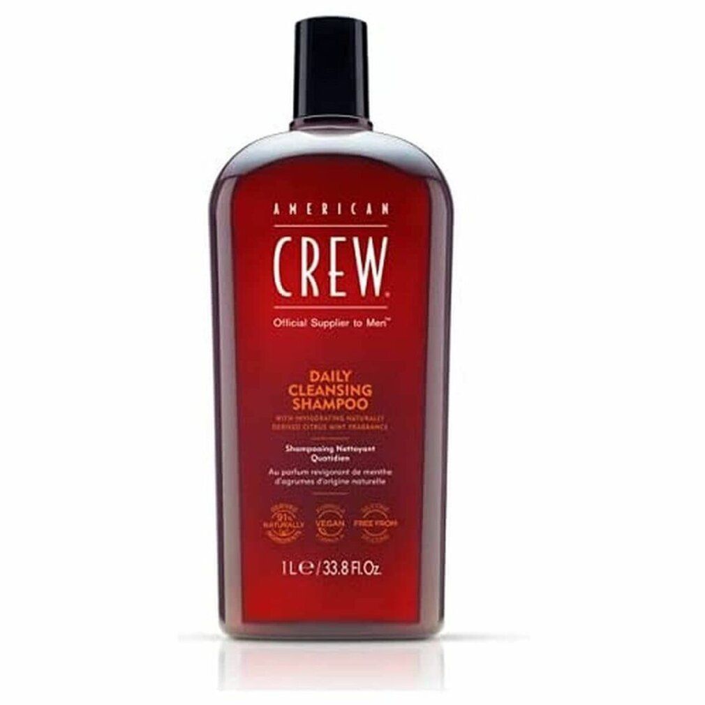 American Crew Daily Cleansing Shampoo, 1L Flasche. Rote Verpackung mit schwarzem Verschluss.