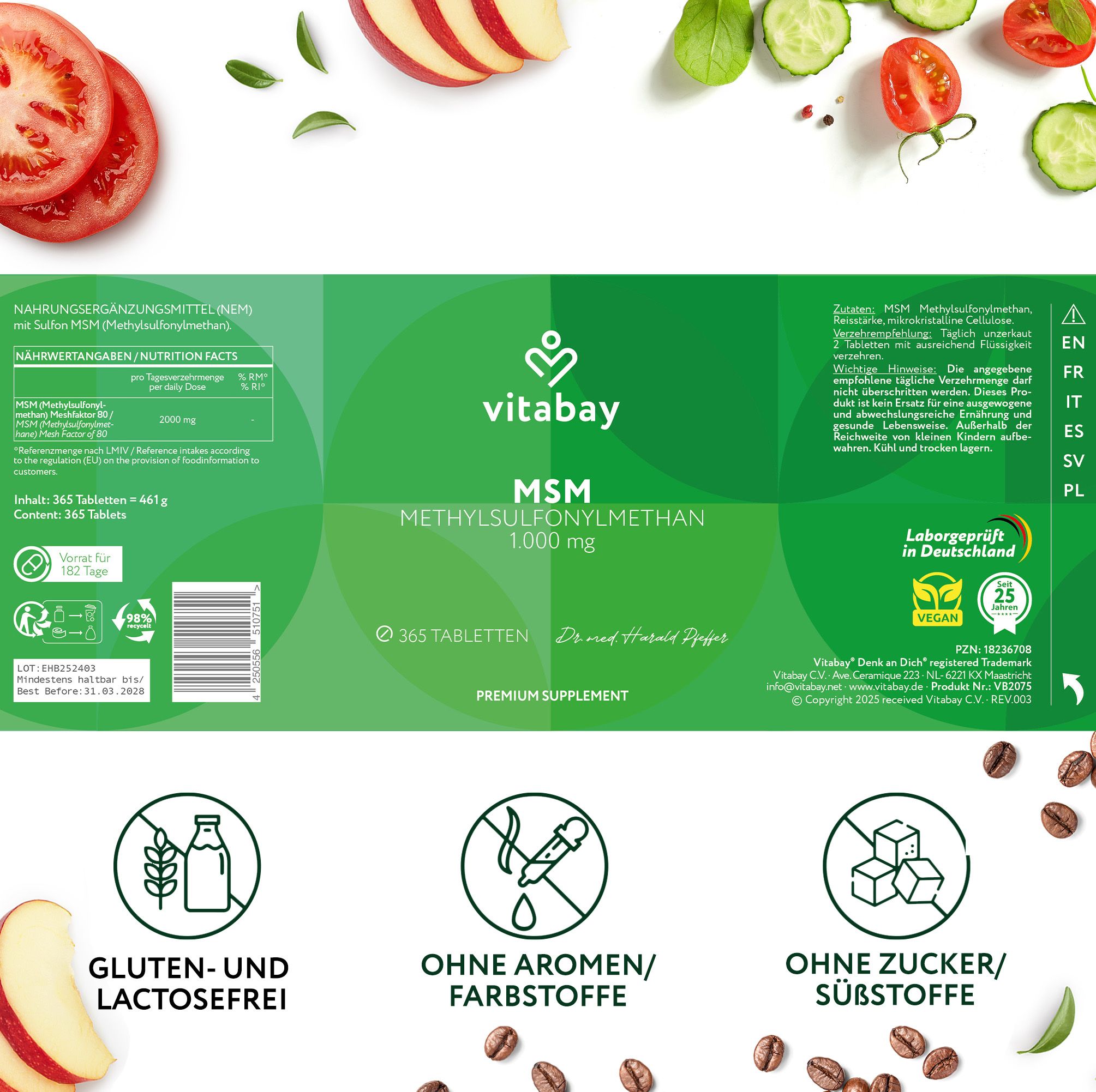 Rückseite der Vitabay MSM 1000 mg Verpackung. Text: 365 Tabletten, Gluten- und Laktosefrei, ohne Aromen/Farbstoffe, ohne Zucker/Süßstoffe.