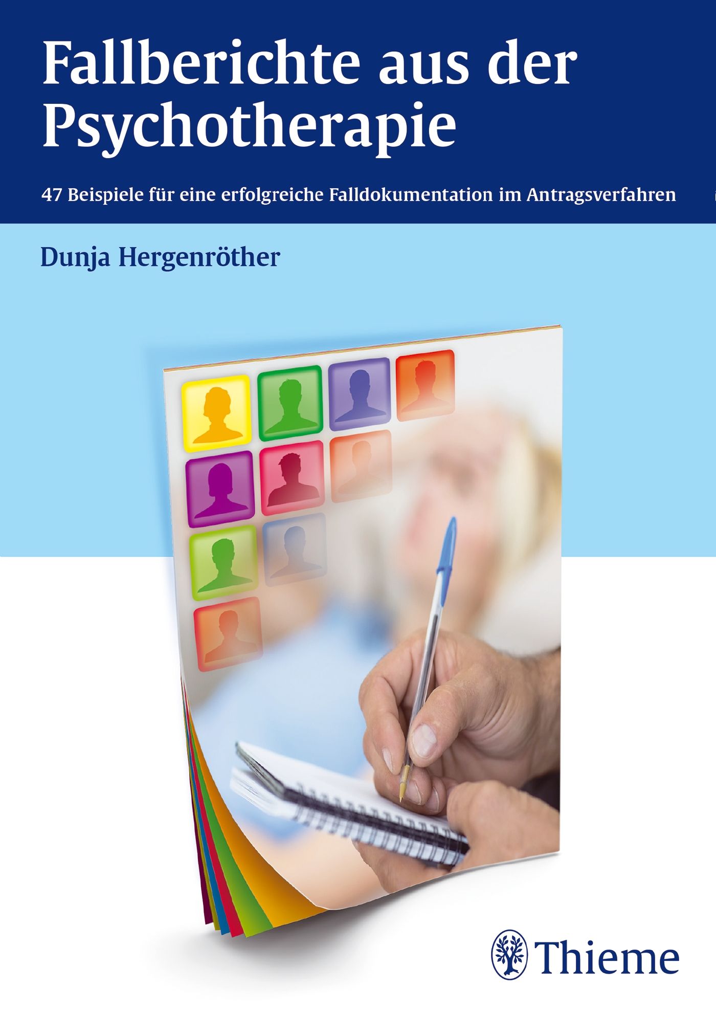 Buchcover: Fallberichte aus der Psychotherapie. Autorin: Dunja Hergenröther. Verlag: Thieme. Abbildung von Notizen und farbigen Icons.