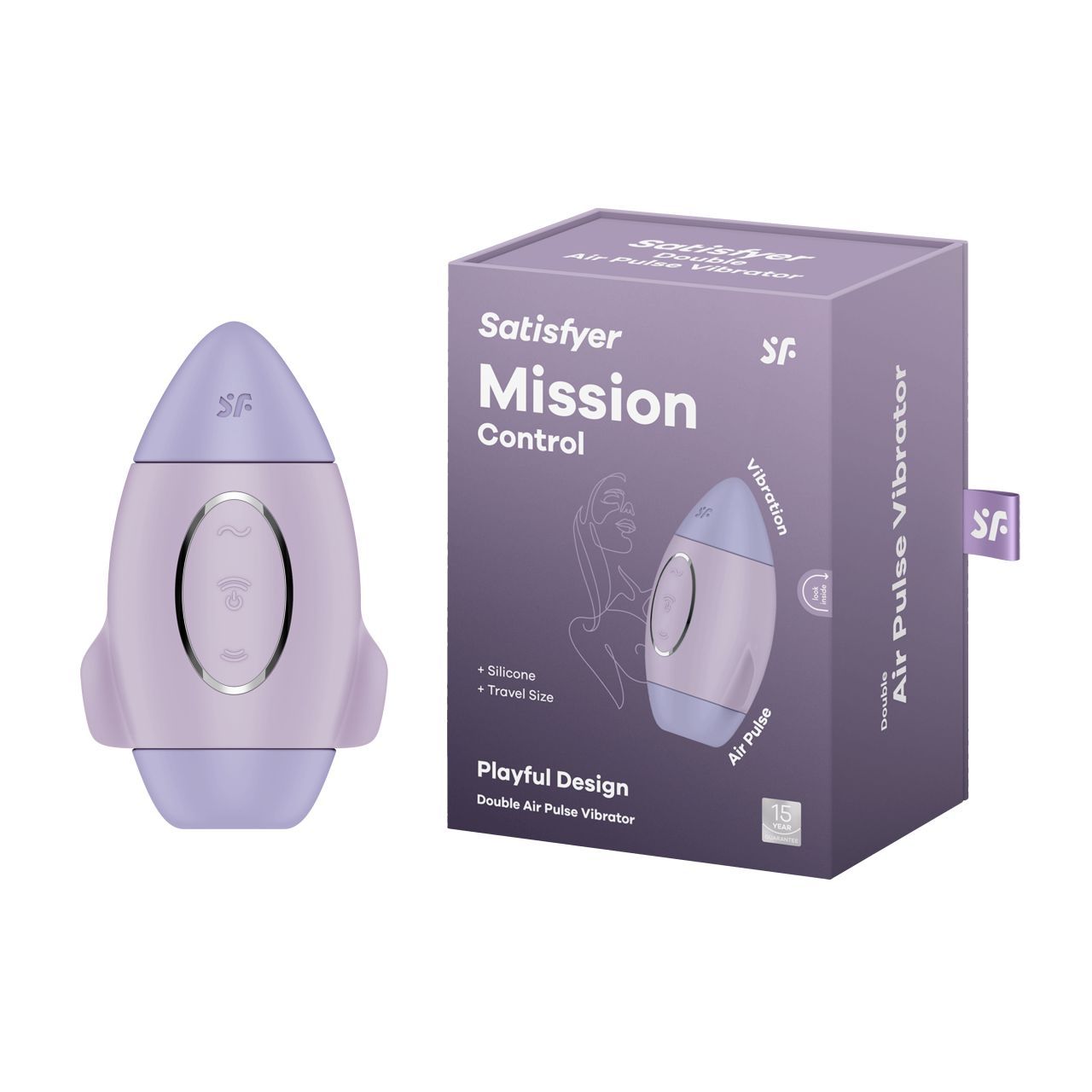 Lila Vibrator neben Verpackung. Verpackung mit Produktbild, Schriftzug „Satisfyer Mission Control“. SF-Logo. Aus Silikon.