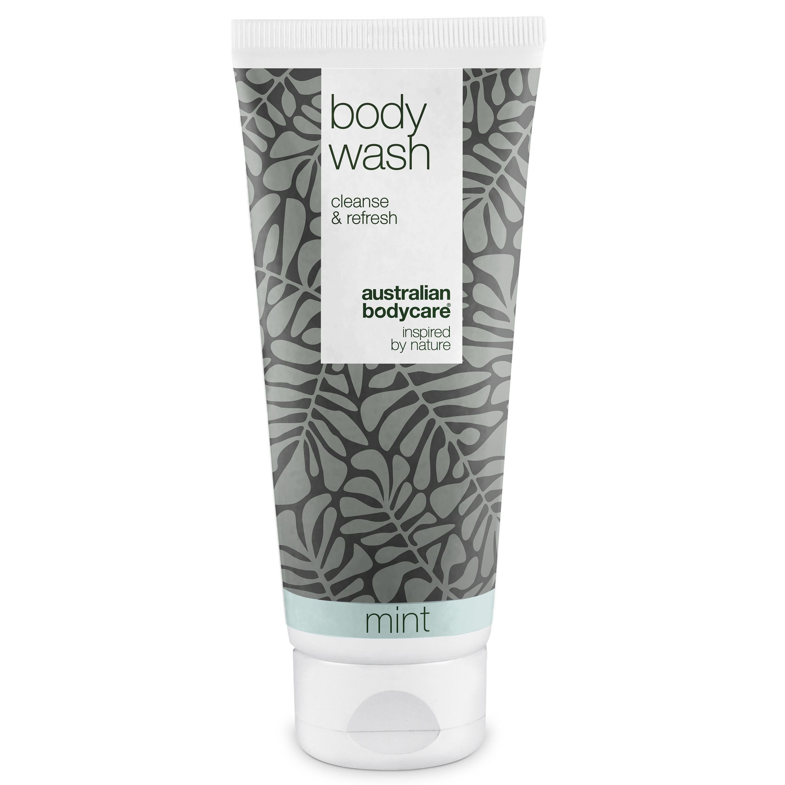 Weiß-graue Tube mit „body wash“ und „australian bodycare“ Schriftzug. Mint-Aufdruck und grüne Schrift.