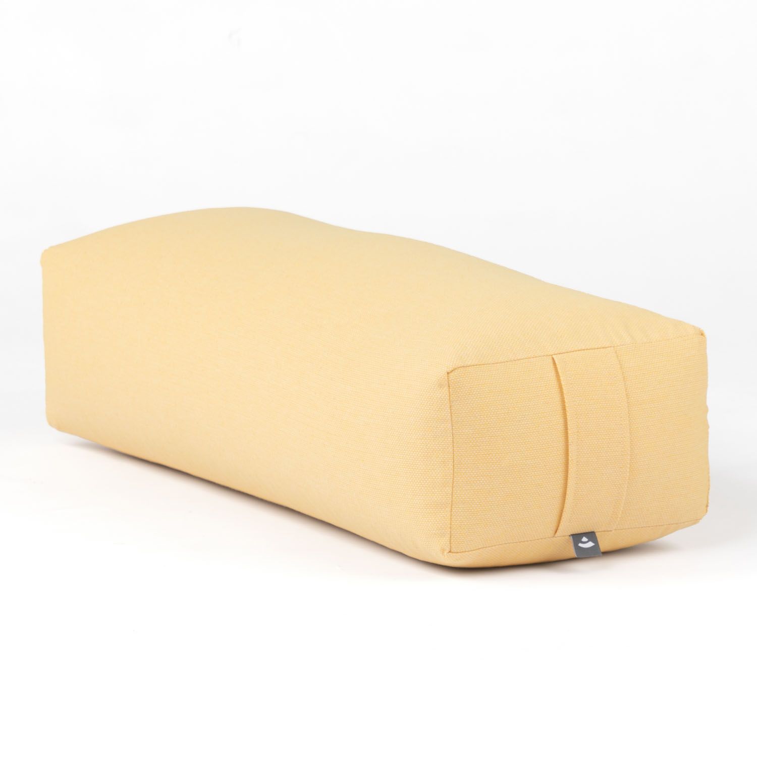 Gelbes Yoga-Bolster. Dobby-Stoff. Rechteckige Form. Mit Logo-Label.