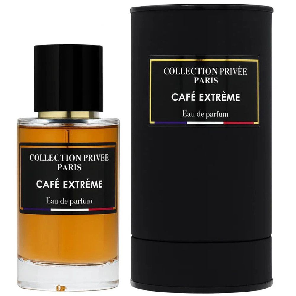 Parfümflakon und schwarze zylindrische Verpackung. Flakon mit Text: COLLECTION PRIVÉE PARIS, CAFÉ EXTRÊME, Eau de parfum.