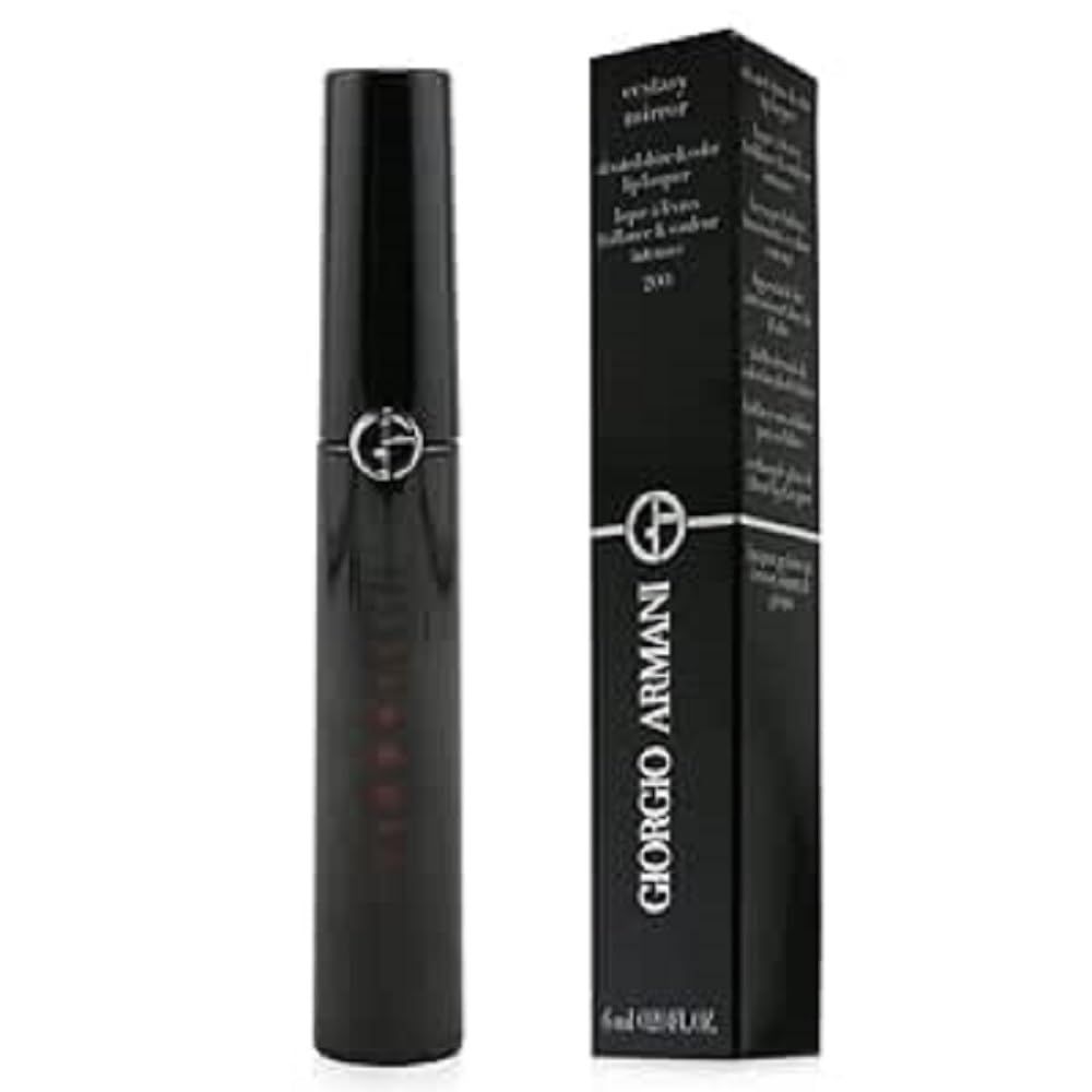 Schwarzer Lipgloss-Behälter und Schachtel. Auf der Schachtel steht "Giorgio Armani" und "Ecstasy Mirror".