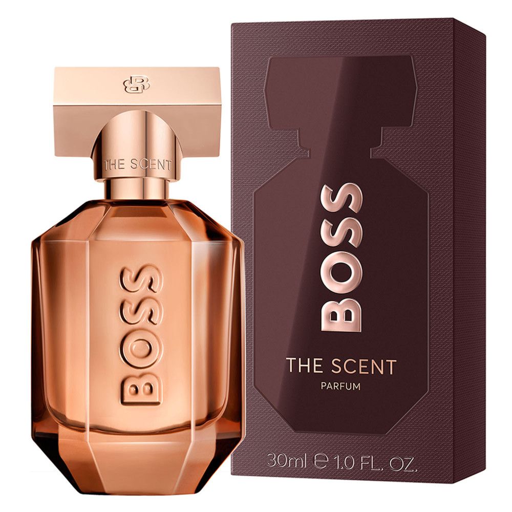Hugo Boss The Scent Eau de Parfum 30ml Flakon und Verpackung, goldfarben.