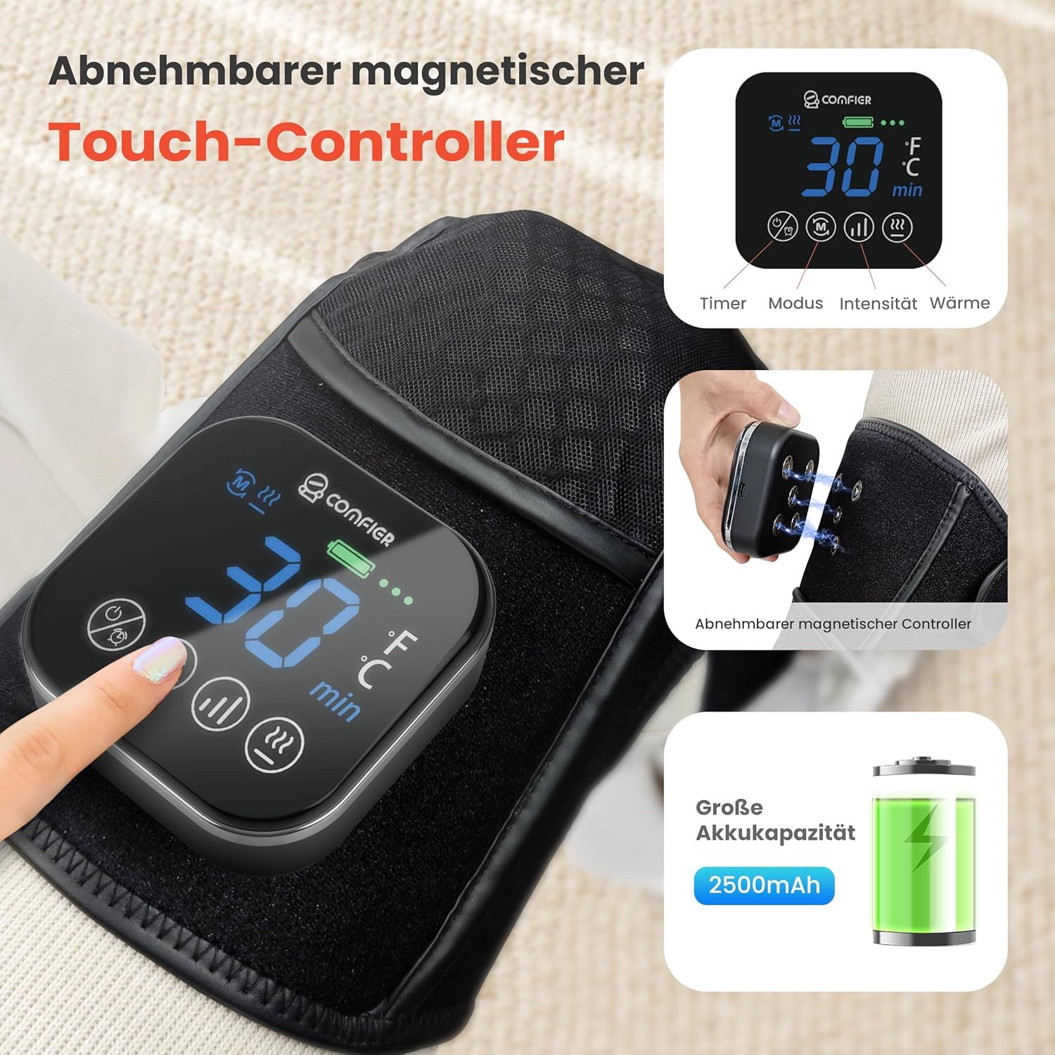 Nahaufnahme eines abnehmbaren magnetischen Touch-Controllers für ein Therapiegerät, zeigt Timer, Modus und Wärme.
