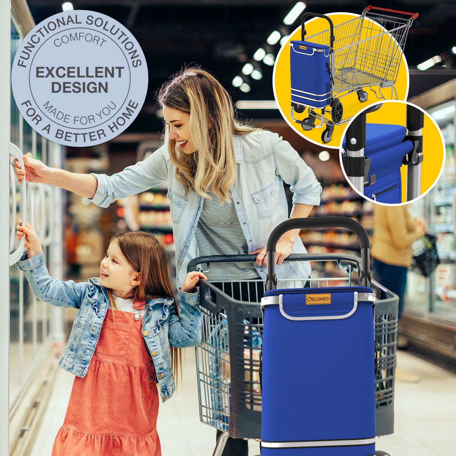 Blauer Einkaufstrolley im Supermarkt. Frau und Kind am Regal. Text: „Funktionale Lösungen“, „Exzellentes Design“.