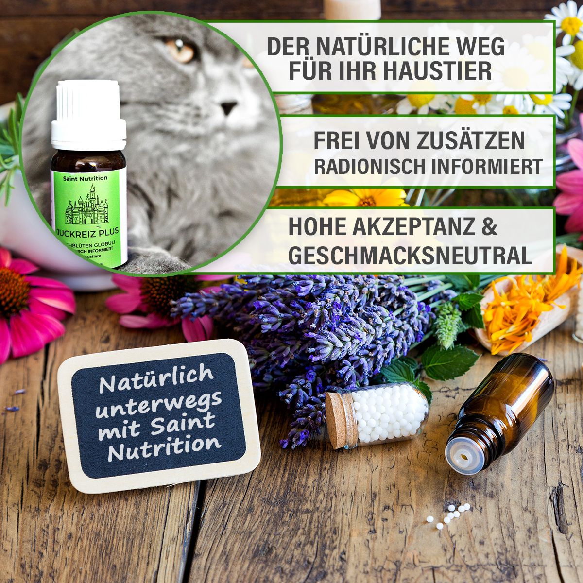 Produktflasche neben Kräutern und Globuli. Text: Der natürliche Weg für Ihr Haustier, frei von Zusätzen, hohe Akzeptanz.