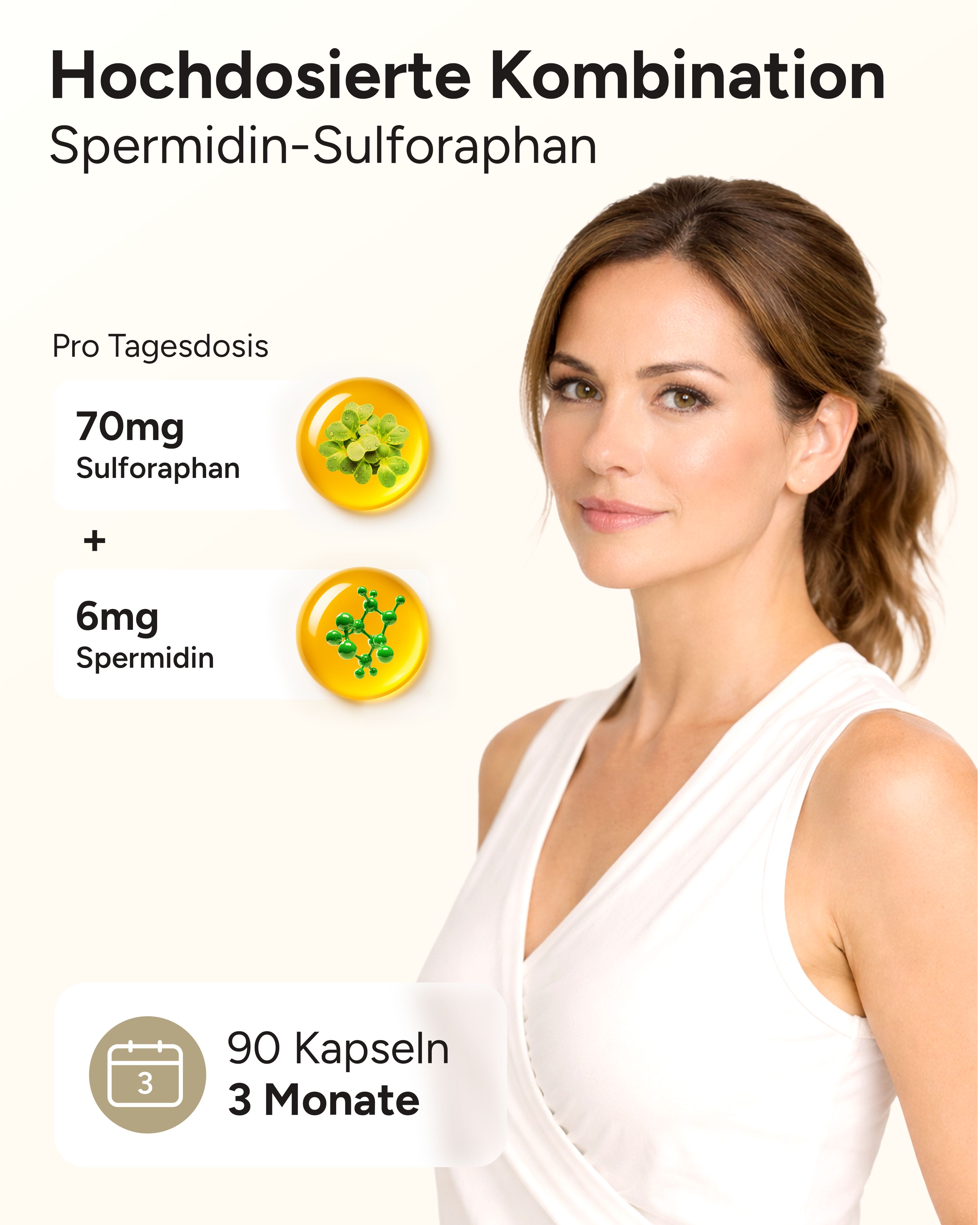 Frau neben Text: Hochdosierte Kombination Spermidin-Sulforaphan. 70mg Sulforaphan, 6mg Spermidin. 90 Kapseln, 3 Monate.